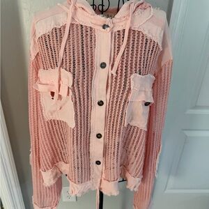 Light Pink Distressed Open-Knit Hoodie POL